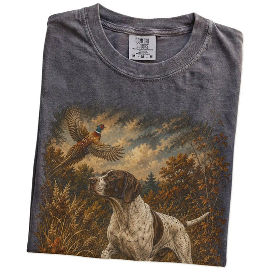 Folded Pepper Pointer Pheasant Hunting T-Shirt showing the graphic
