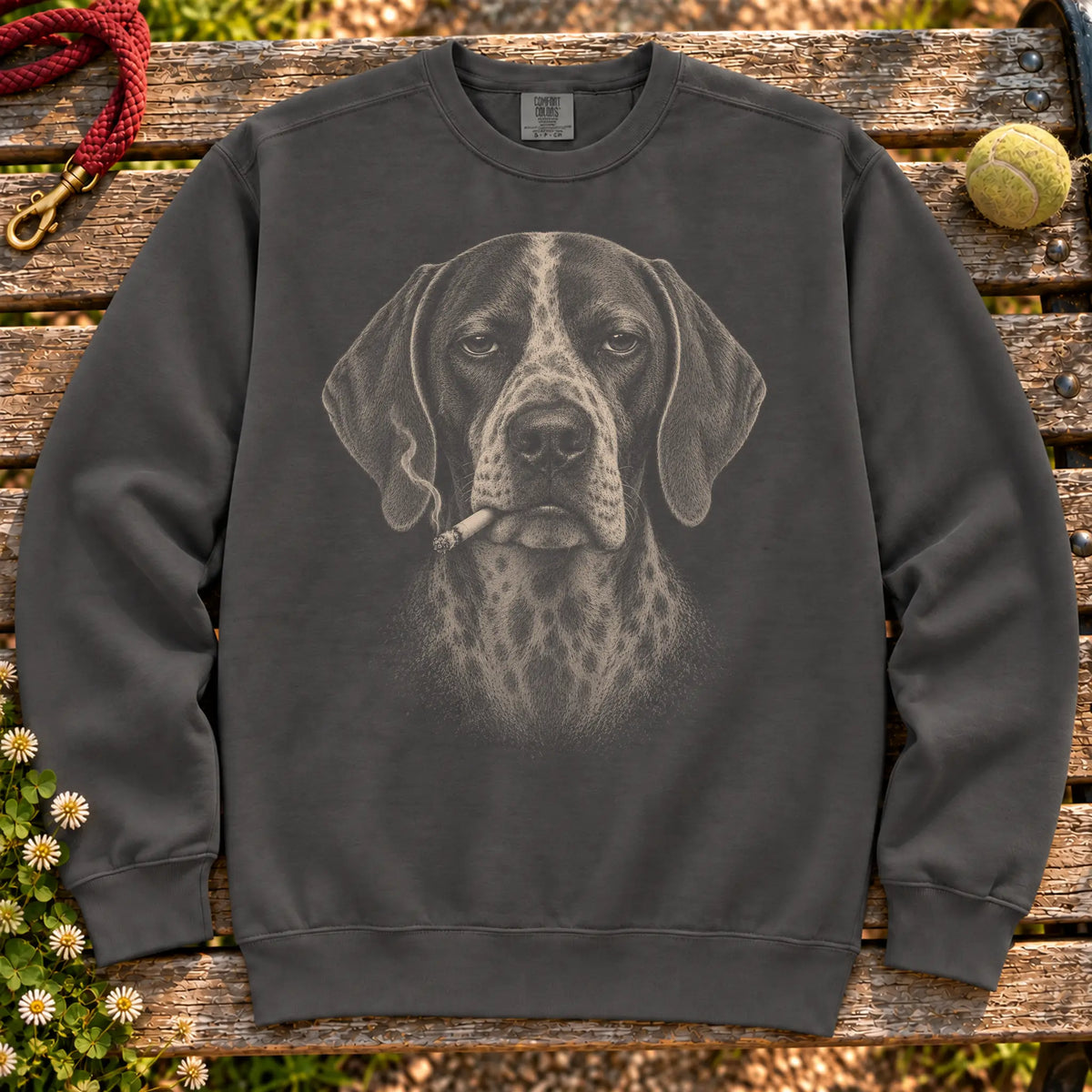 Pointer smoking design on a Pepper sweatshirt