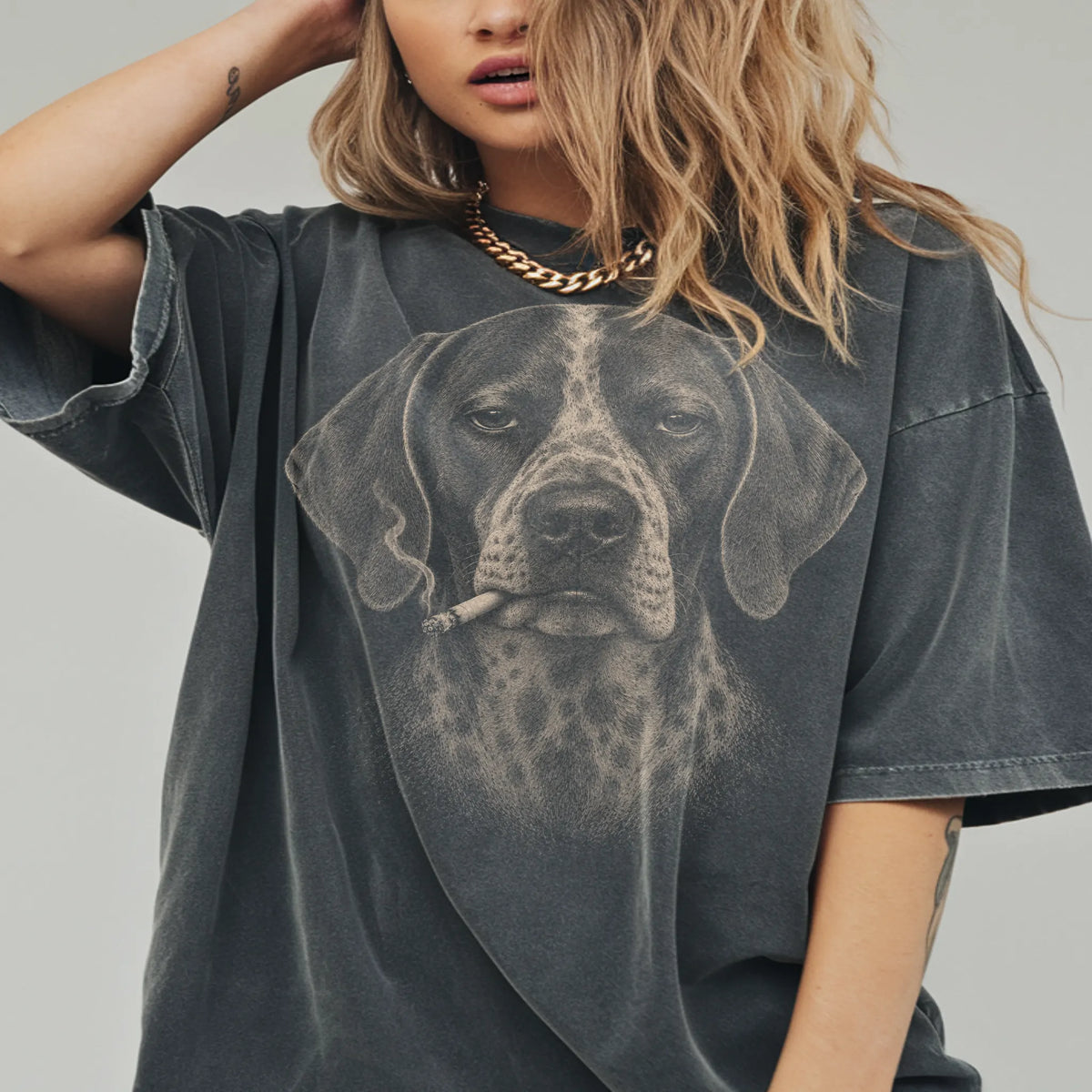 Model wearing a Pointer smoking design on a Pepper t-shirt