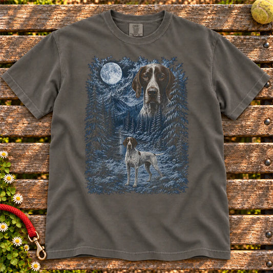 Pointer Winter Moon design on a Pepper T-shirt shown flat