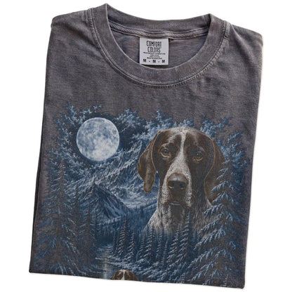 Folded pepper T-shirt with Pointer Winter Moon artwork.