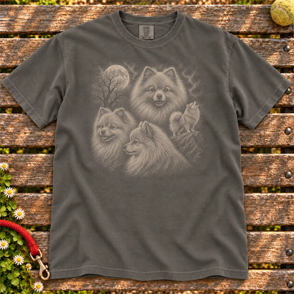 Pomeranian 90s Moon design on a Pepper T-shirt shown flat