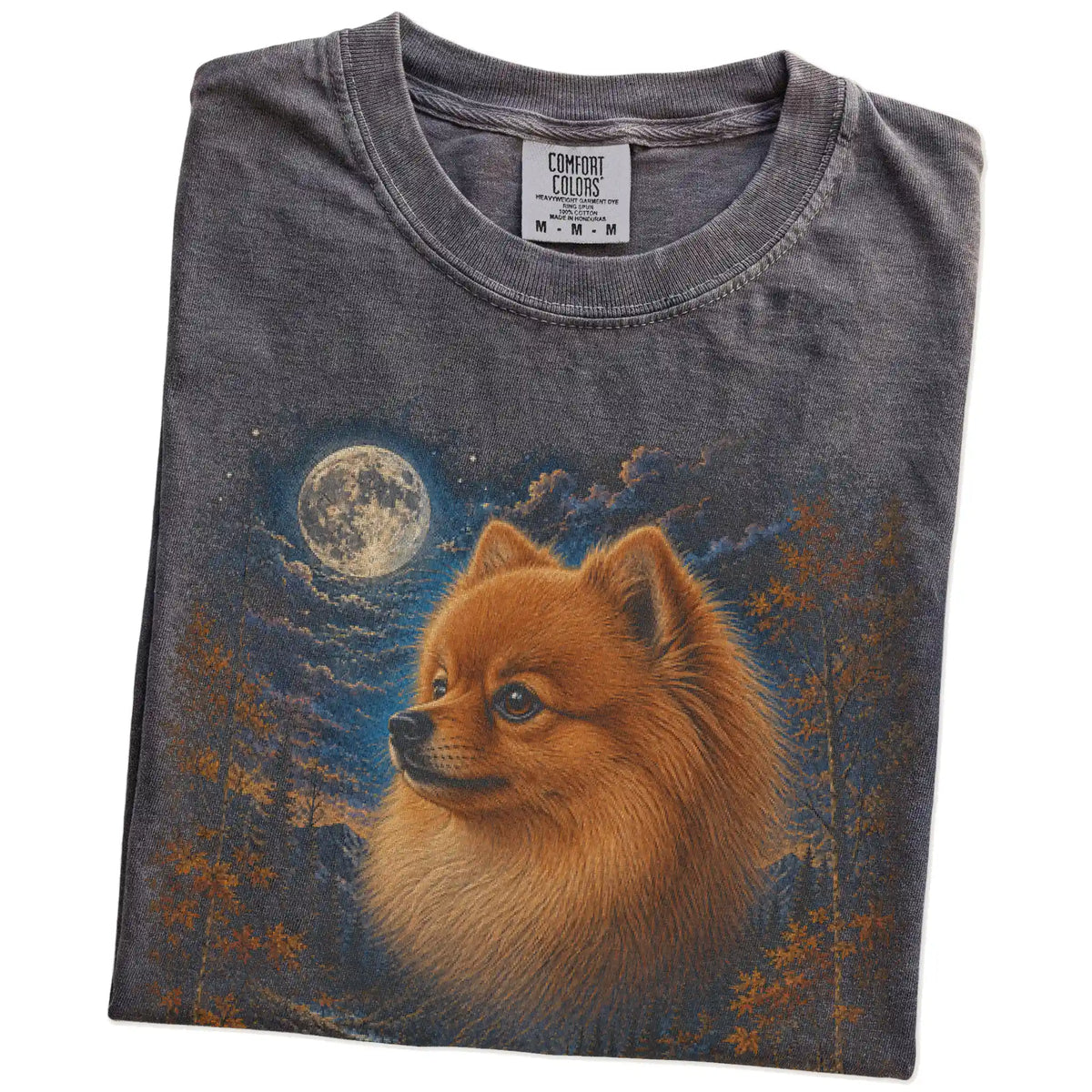 Folded pepper T-shirt with Pomeranian Autumn Moon artwork.