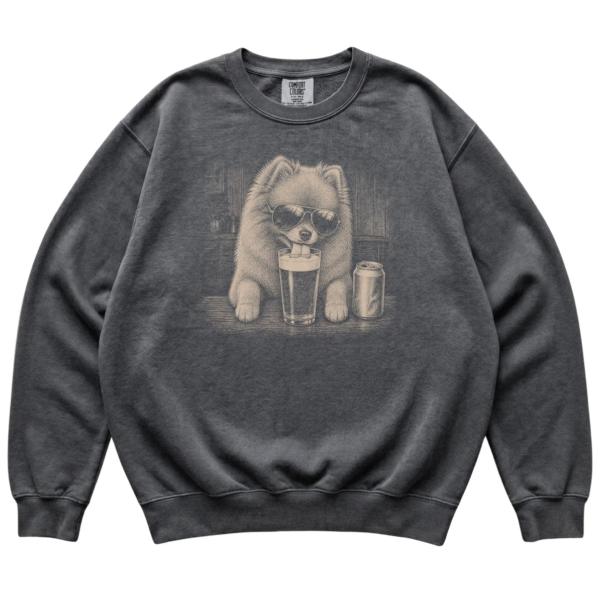 Pepper Pomeranian drinking from a pint at a bar, laid flat