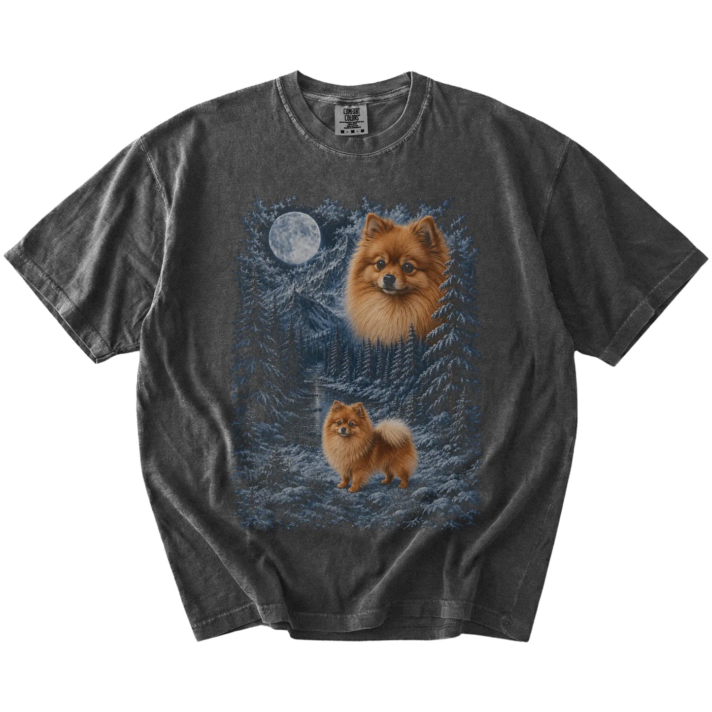 Pomeranian in a snowy winter forest on a Pepper t-shirt