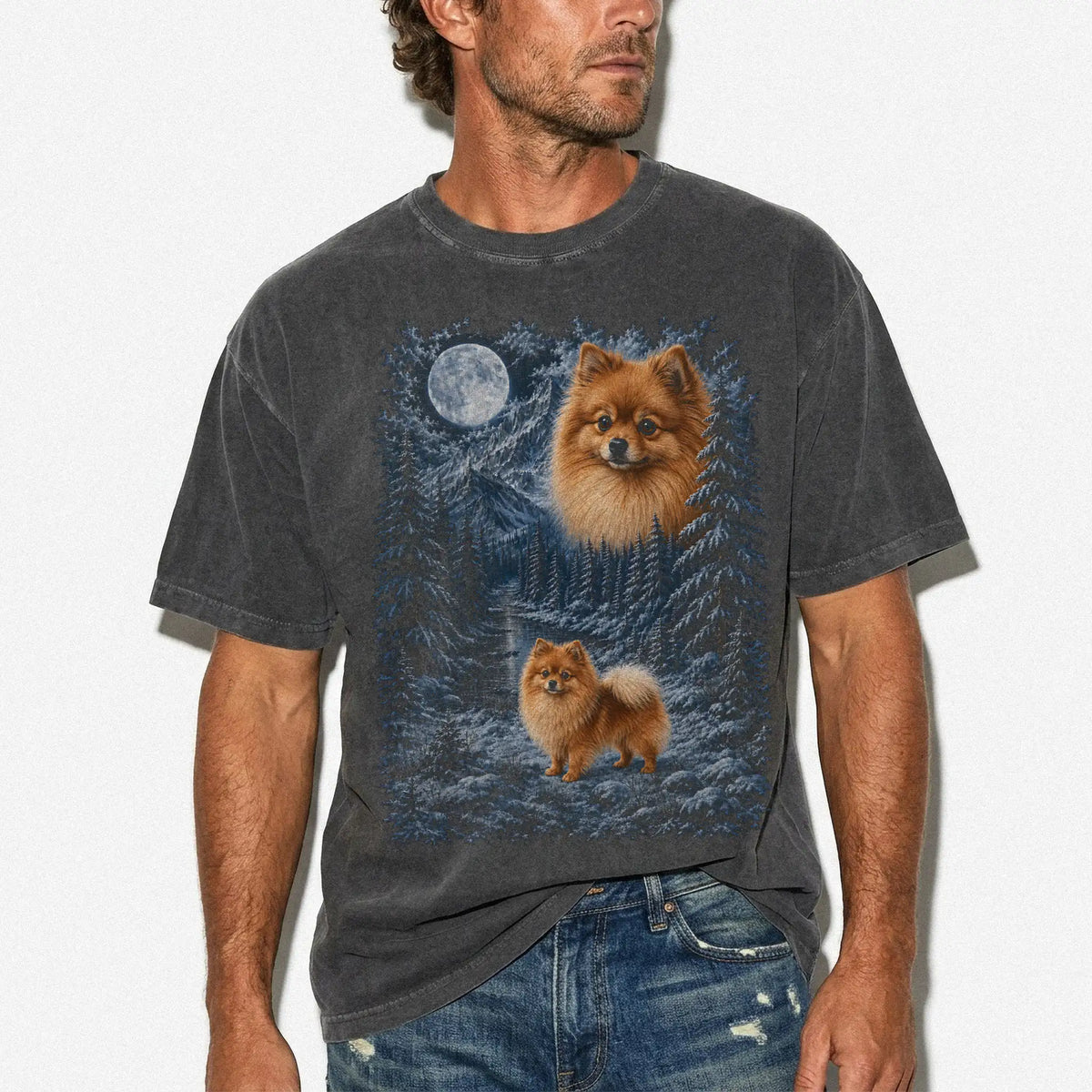 Person wearing a Pepper Pomeranian winter forest t-shirt