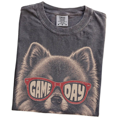 Folded Pepper Comfort Colors® T-shirt showing pomeranian wearing red game day sunglasses
