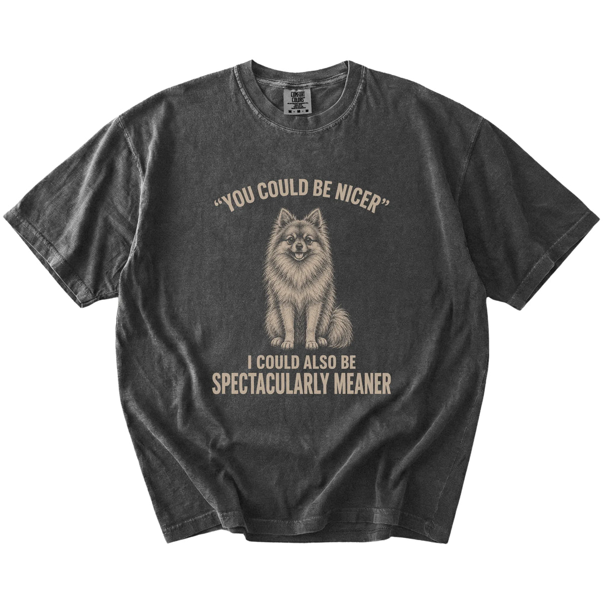 Pomeranian Guard Dog T-Shirt in Pepper — flat lay