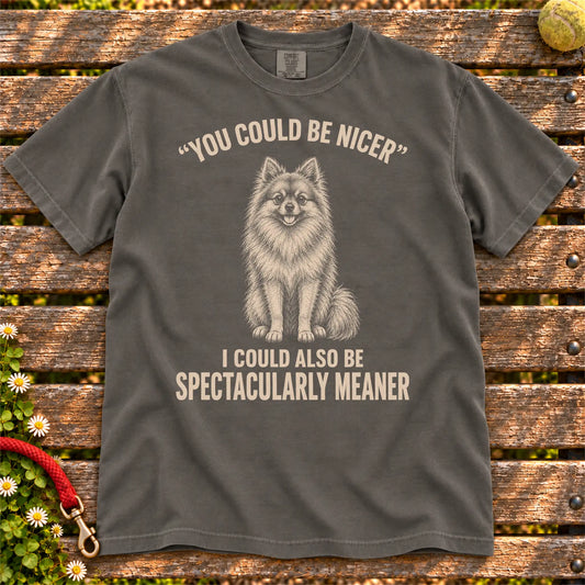 Pomeranian Guard Dog design on a Pepper Comfort Colors T-shirt, shown flat
