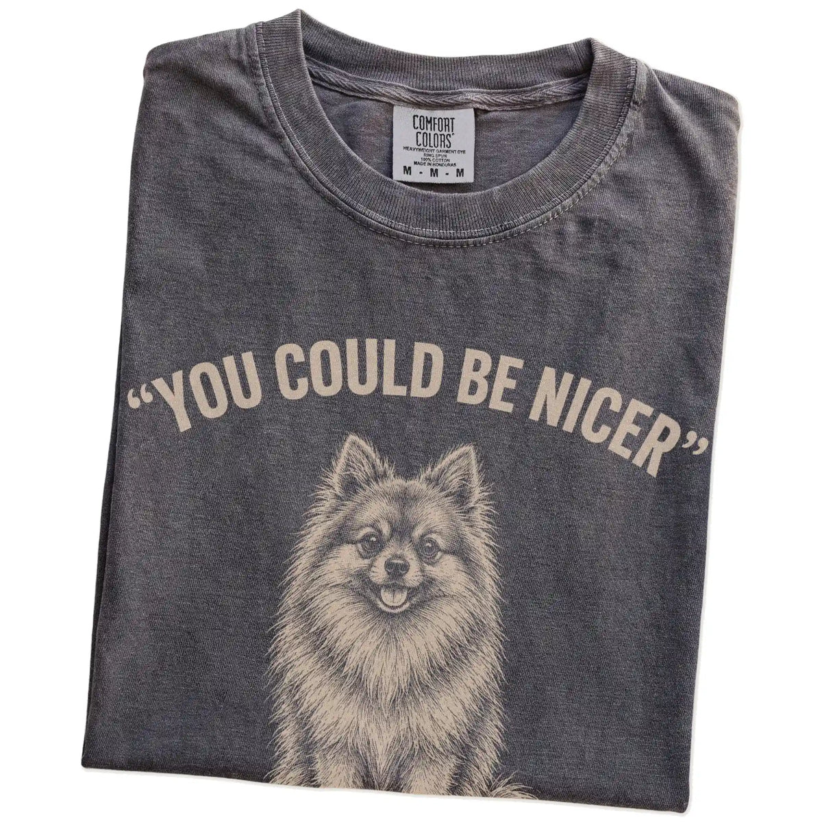 Pomeranian Guard Dog T-Shirt in Pepper — folded detail