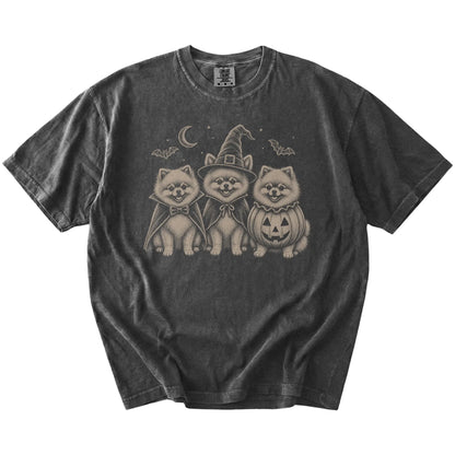 Three Pomeranian dogs dressed for Halloween beneath bats and a crescent moon on a Pepper Comfort Colors® T-shirt