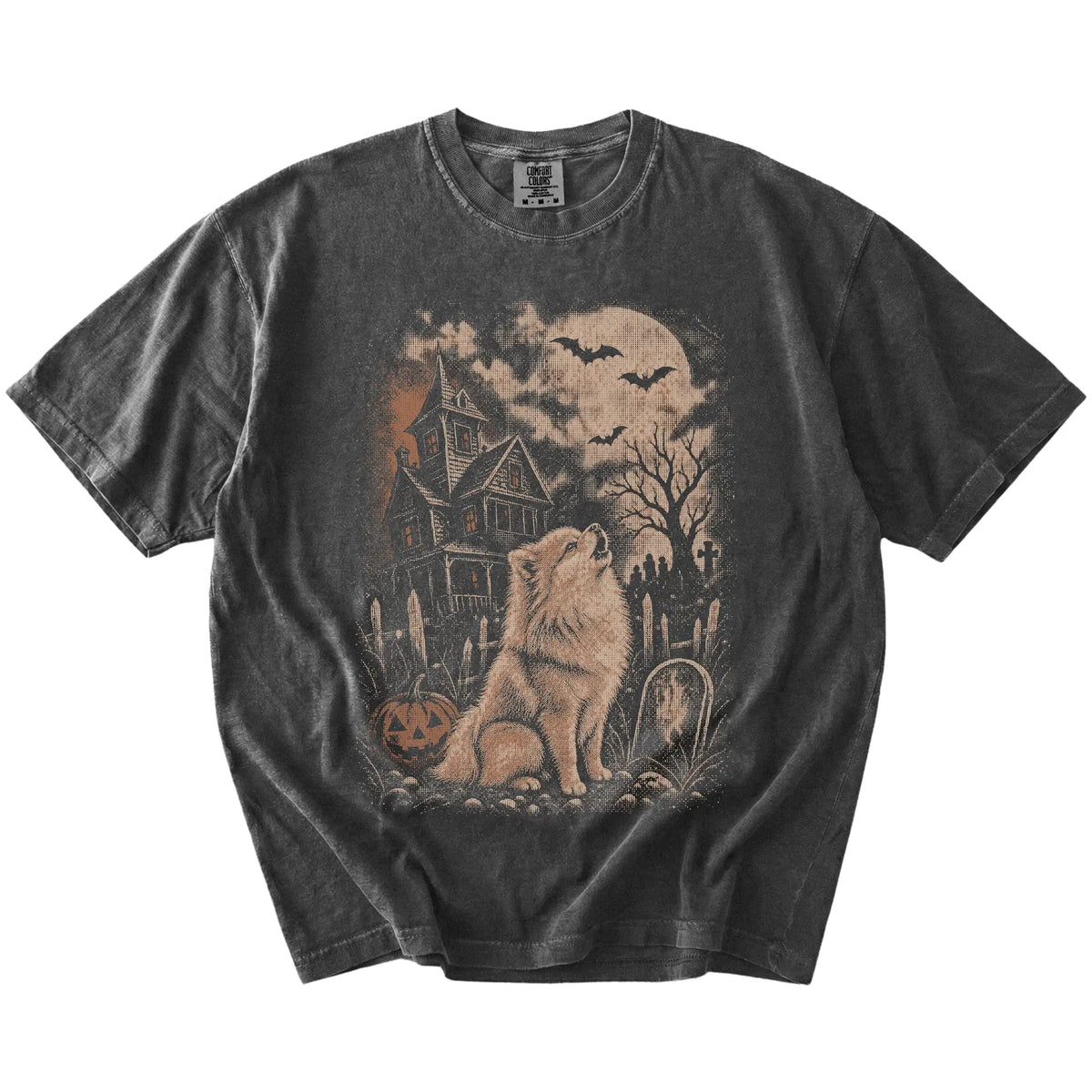 Pomeranian in a vintage haunted-house scene on a Pepper Comfort Colors® T-shirt