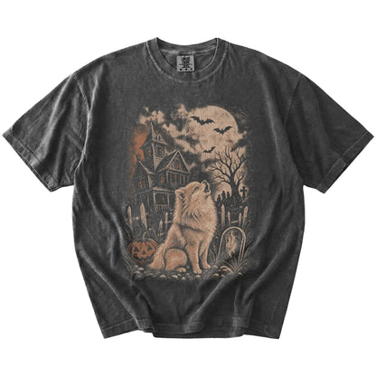 Pomeranian in a vintage haunted-house scene on a Pepper Comfort Colors® T-shirt