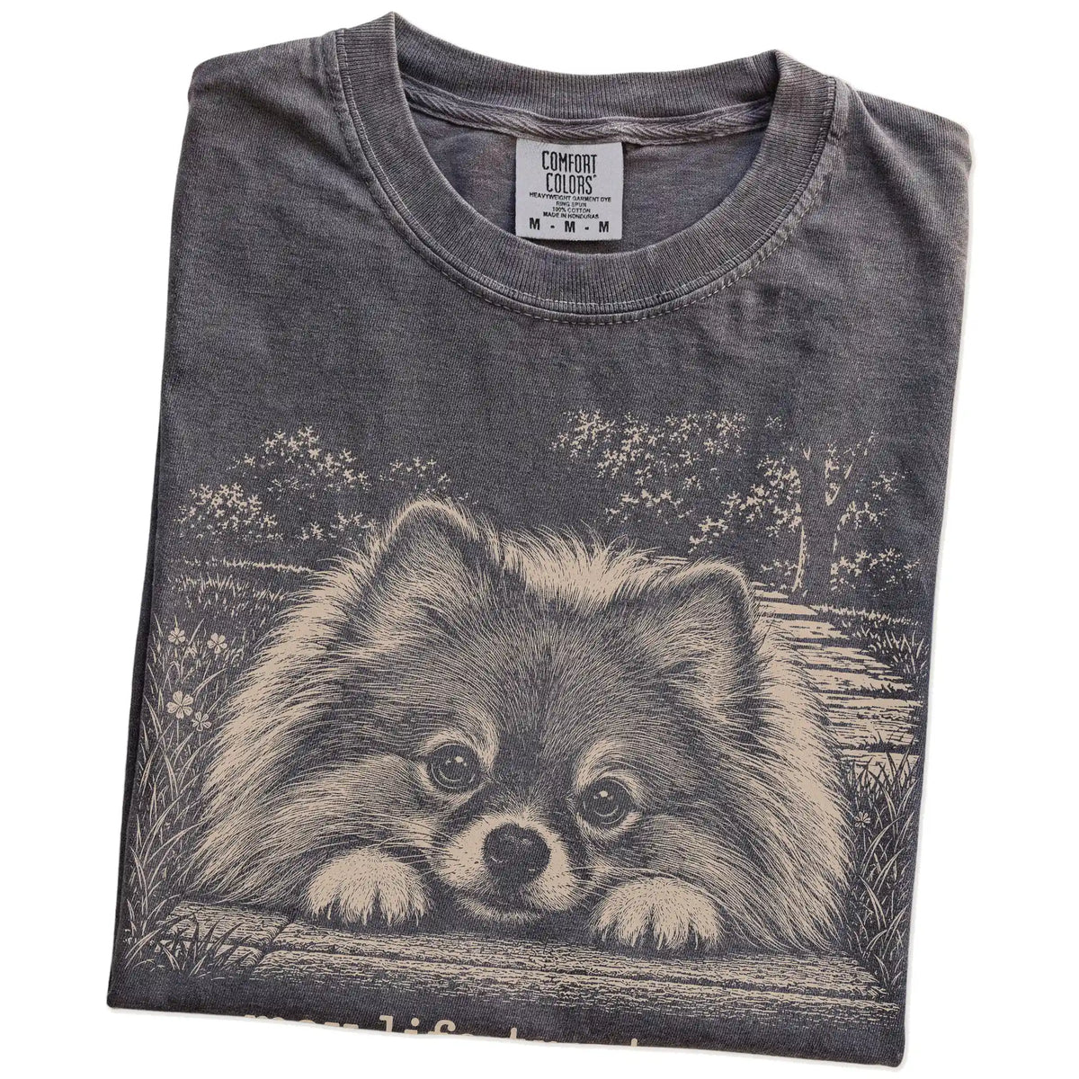 Pomeranian Karma Comfort Colors T-shirt in Pepper — Folded Detail