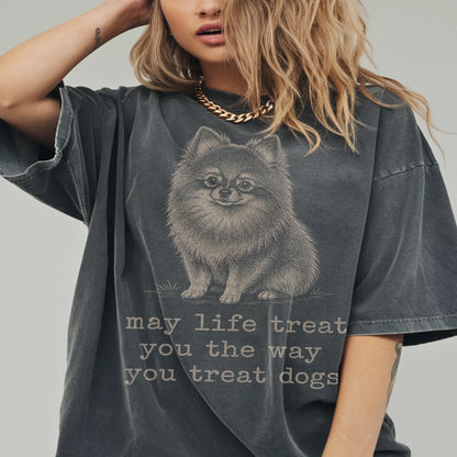 Woman wearing a Pepper Pomeranian Karma T-Shirt