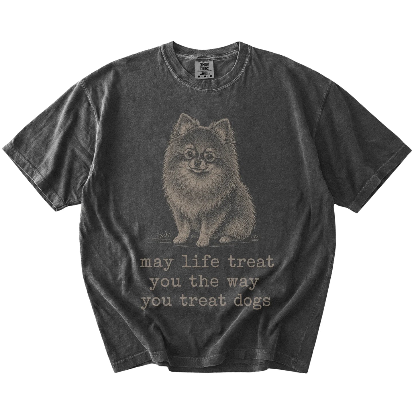 Pepper Pomeranian Karma T-Shirt laid flat