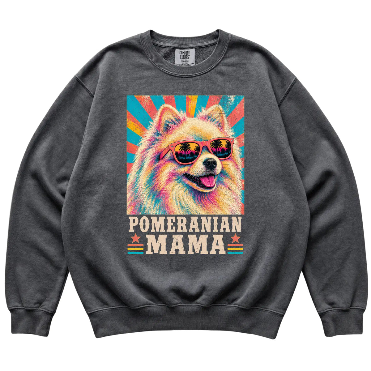 Retro Pomeranian Mama design on a Pepper Comfort Colors sweatshirt