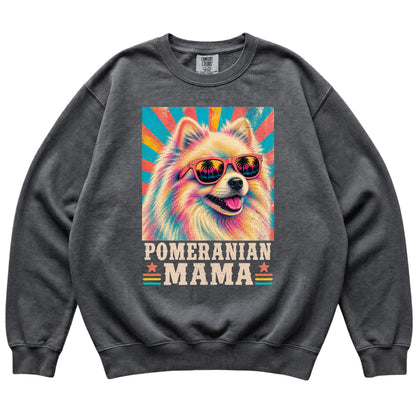 Retro Pomeranian Mama design on a Pepper Comfort Colors sweatshirt