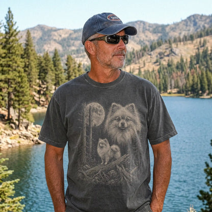 Man wearing a Pepper Pomeranian Moonlit Forest T-Shirt