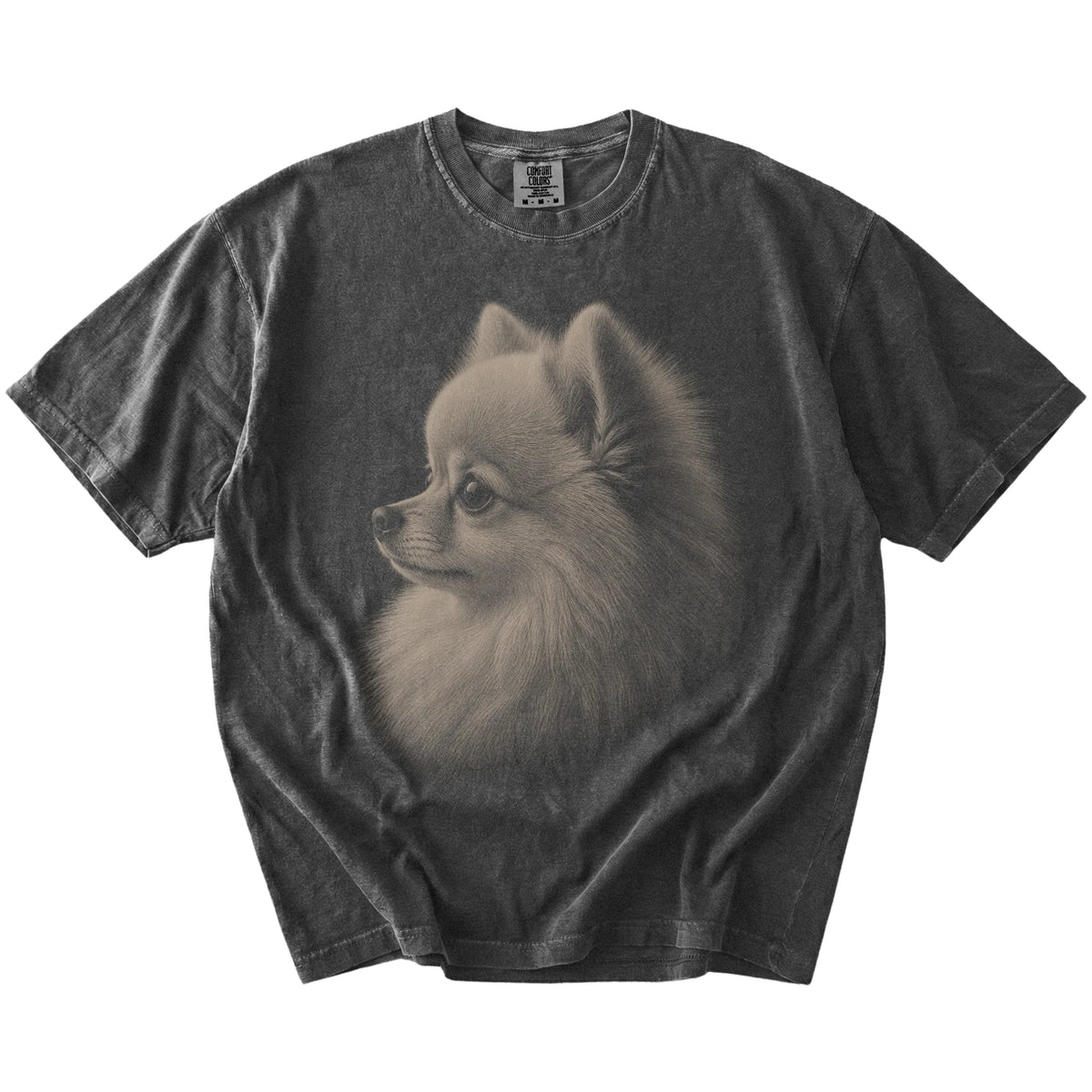 A detailed photographic portrait of a Pomeranian on a Pepper Comfort Colors® T-shirt