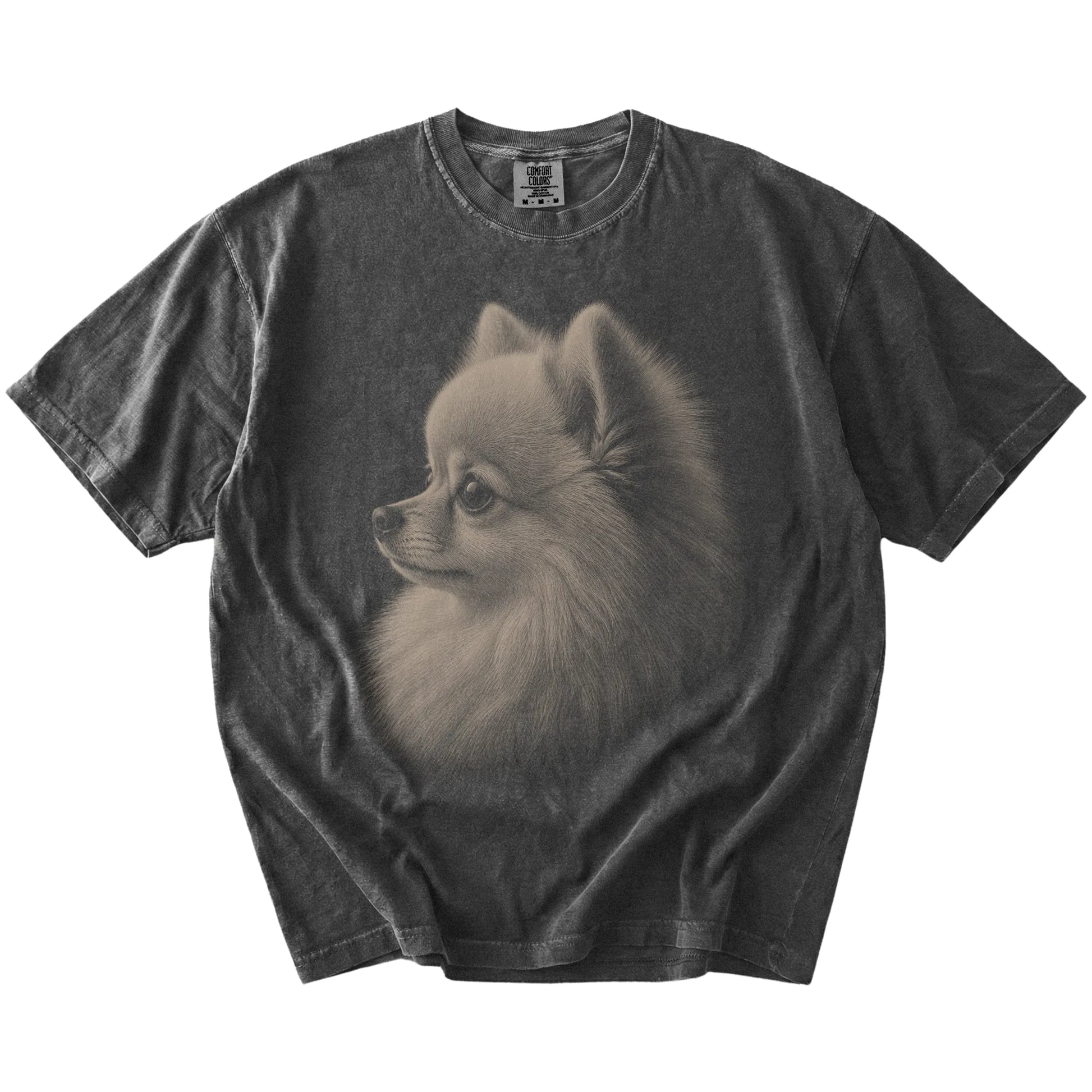 A detailed photographic portrait of a Pomeranian on a Pepper Comfort Colors® T-shirt
