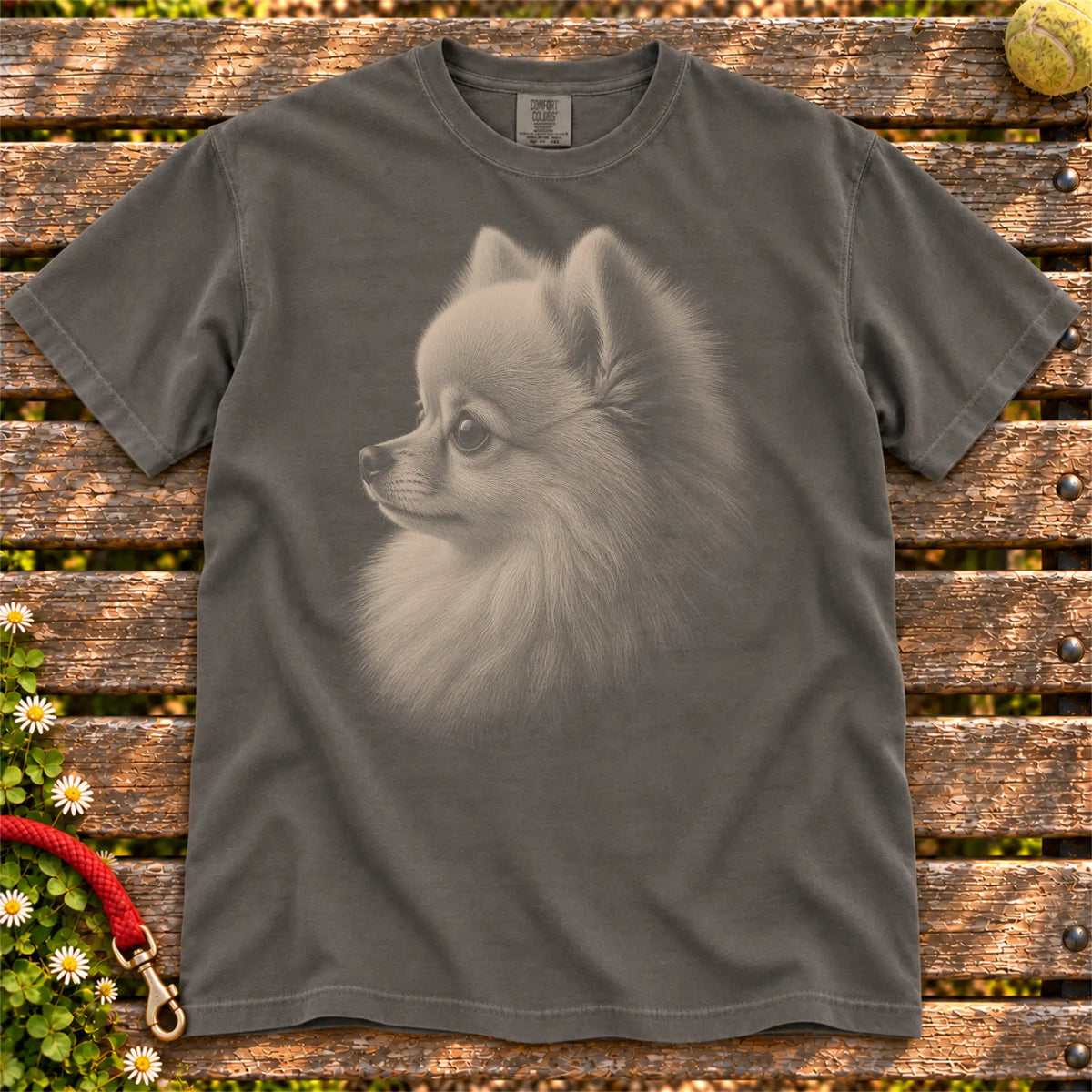 Pomeranian Photo design on a Pepper Comfort Colors T-shirt, shown flat