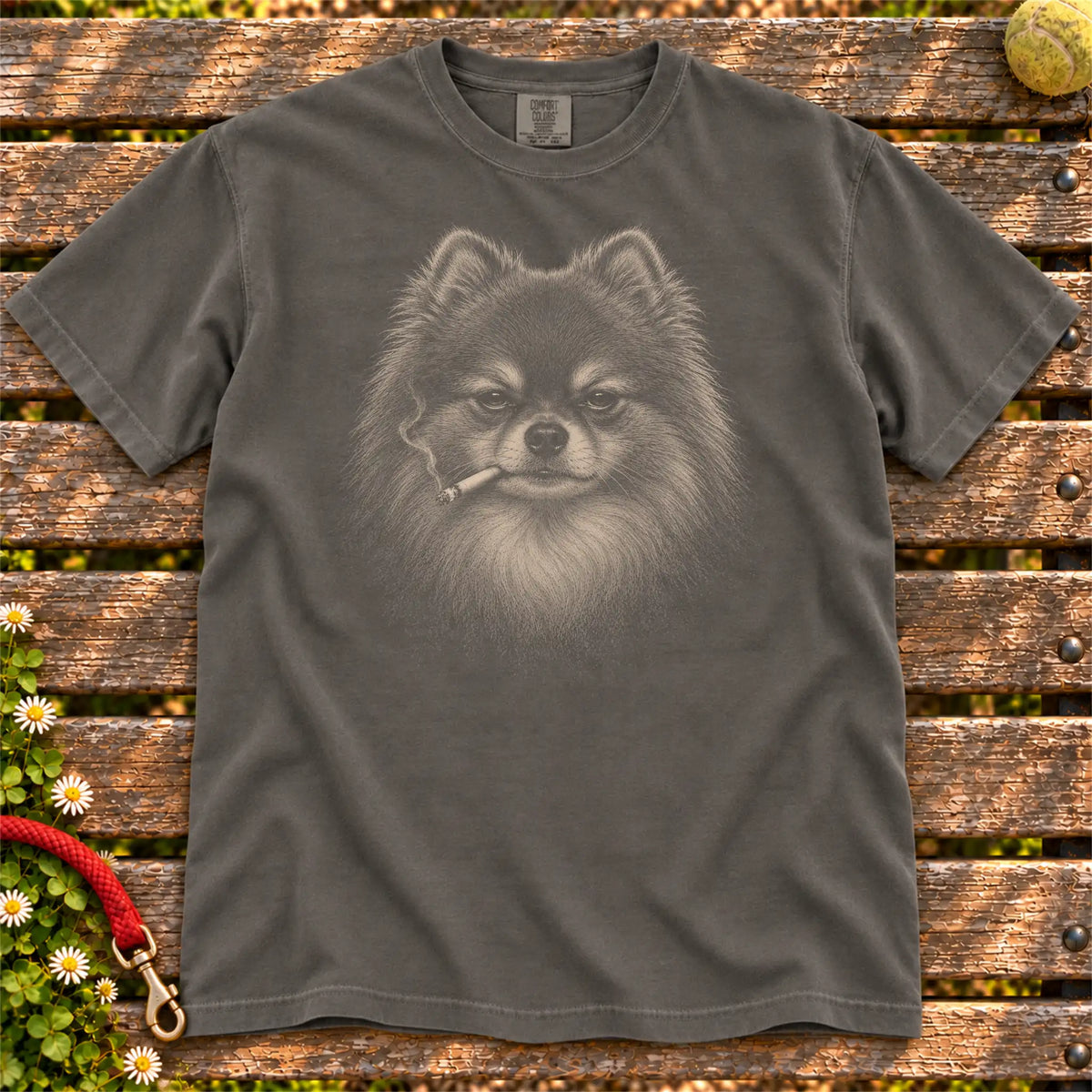 Pomeranian smoking design on a Pepper t-shirt