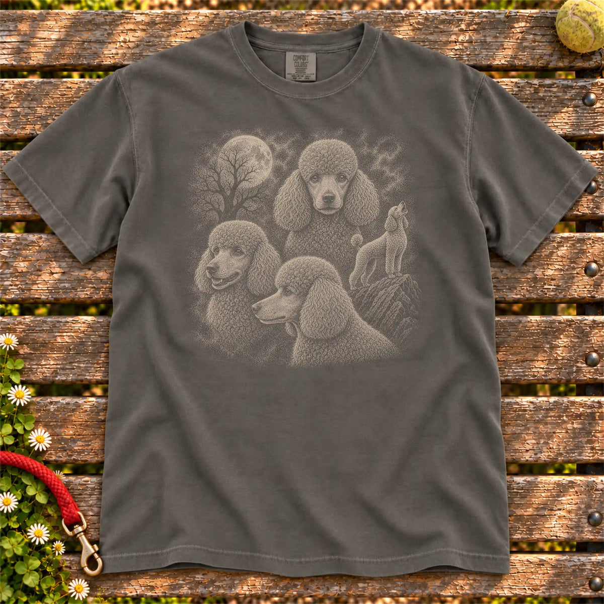 Poodle 90s Moon design on a Pepper T-shirt shown flat