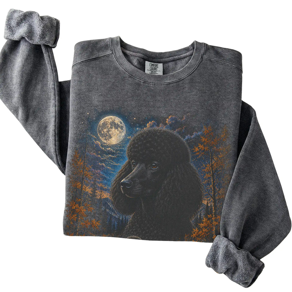 Folded pepper sweatshirt with Poodle Autumn Moon artwork.