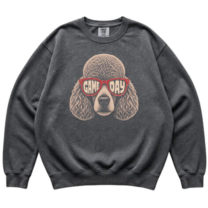 Pepper Poodle Game Day Sunglasses sweatshirt, laid flat