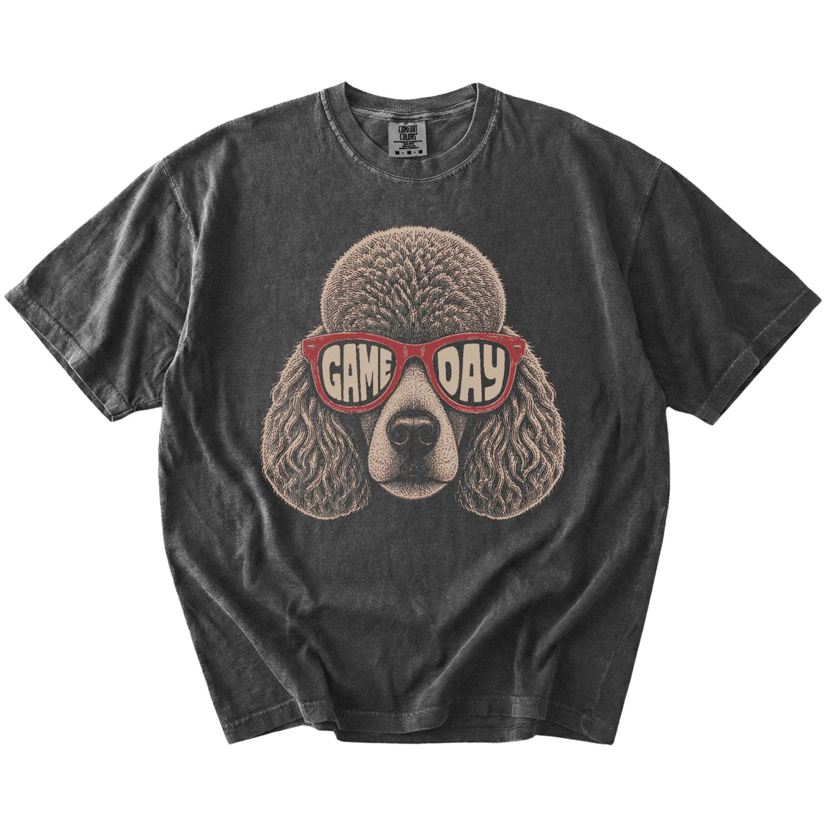 Poodle wearing red Game Day sunglasses on a Pepper Comfort Colors® T-shirt