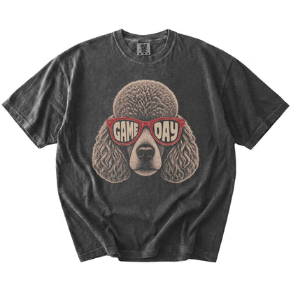 Poodle wearing red Game Day sunglasses on a Pepper Comfort Colors® T-shirt