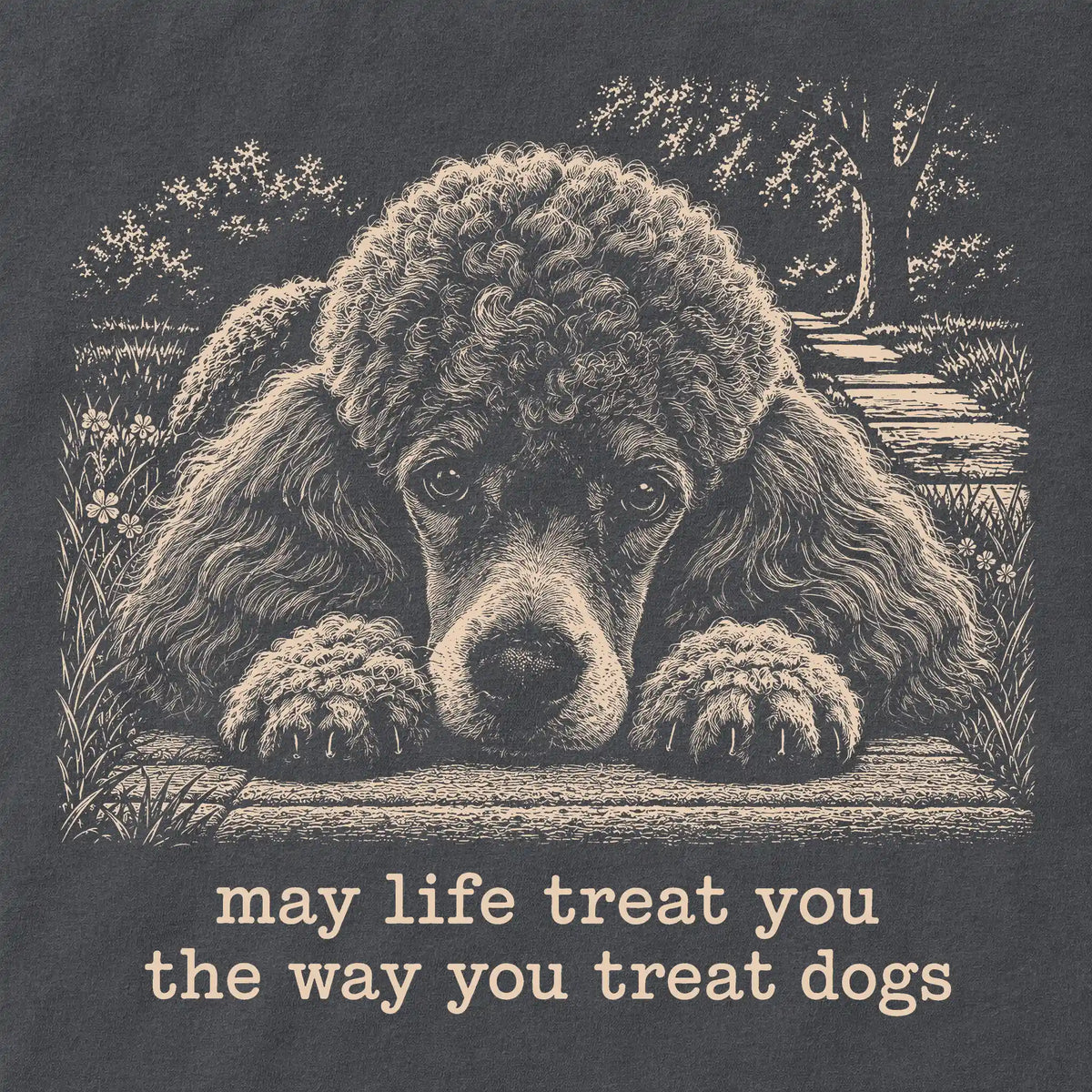 Poodle Karma Comfort Colors sweatshirt in Pepper — Design Detail