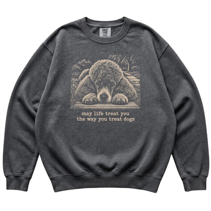 Poodle Karma Comfort Colors sweatshirt in Pepper — Flat Lay