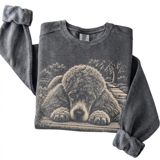 Poodle Karma Comfort Colors sweatshirt in Pepper — Folded Detail