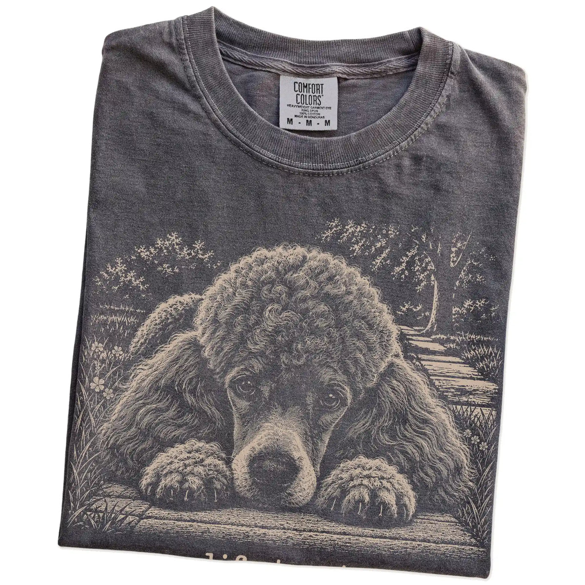 Poodle Karma Comfort Colors T-shirt in Pepper — Folded Detail