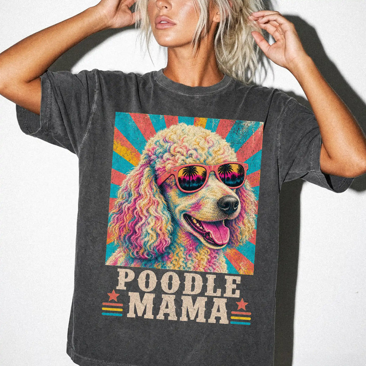 Retro Poodle Mama design on a Pepper Comfort Colors T-shirt worn by a model