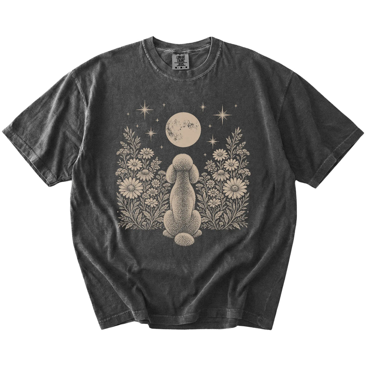 Poodle beneath a wildflower moon on a Pepper Comfort Colors® T-shirt