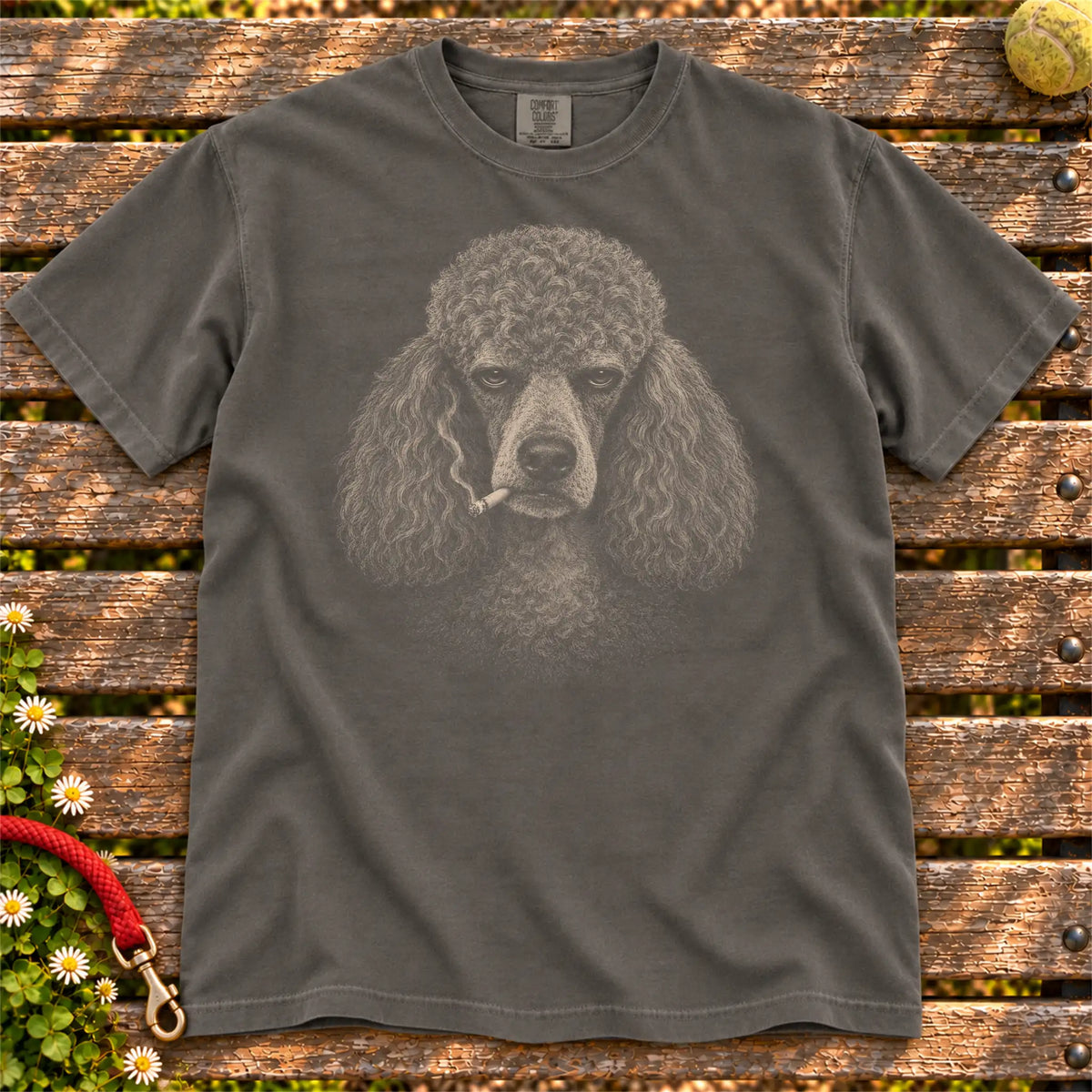 Poodle smoking design on a Pepper t-shirt