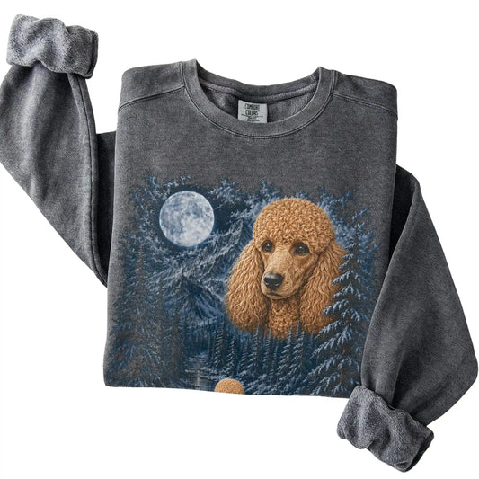 Folded pepper sweatshirt with Poodle Winter Moon artwork.