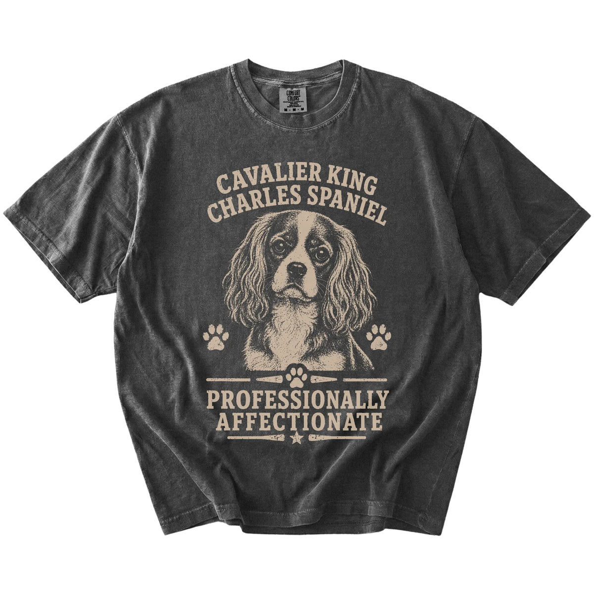 Cavalier King Charles Spaniel design with “Professionally Affectionate” lettering on a Pepper Comfort Colors® T-shirt