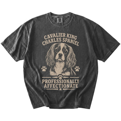 Cavalier King Charles Spaniel design with “Professionally Affectionate” lettering on a Pepper Comfort Colors® T-shirt