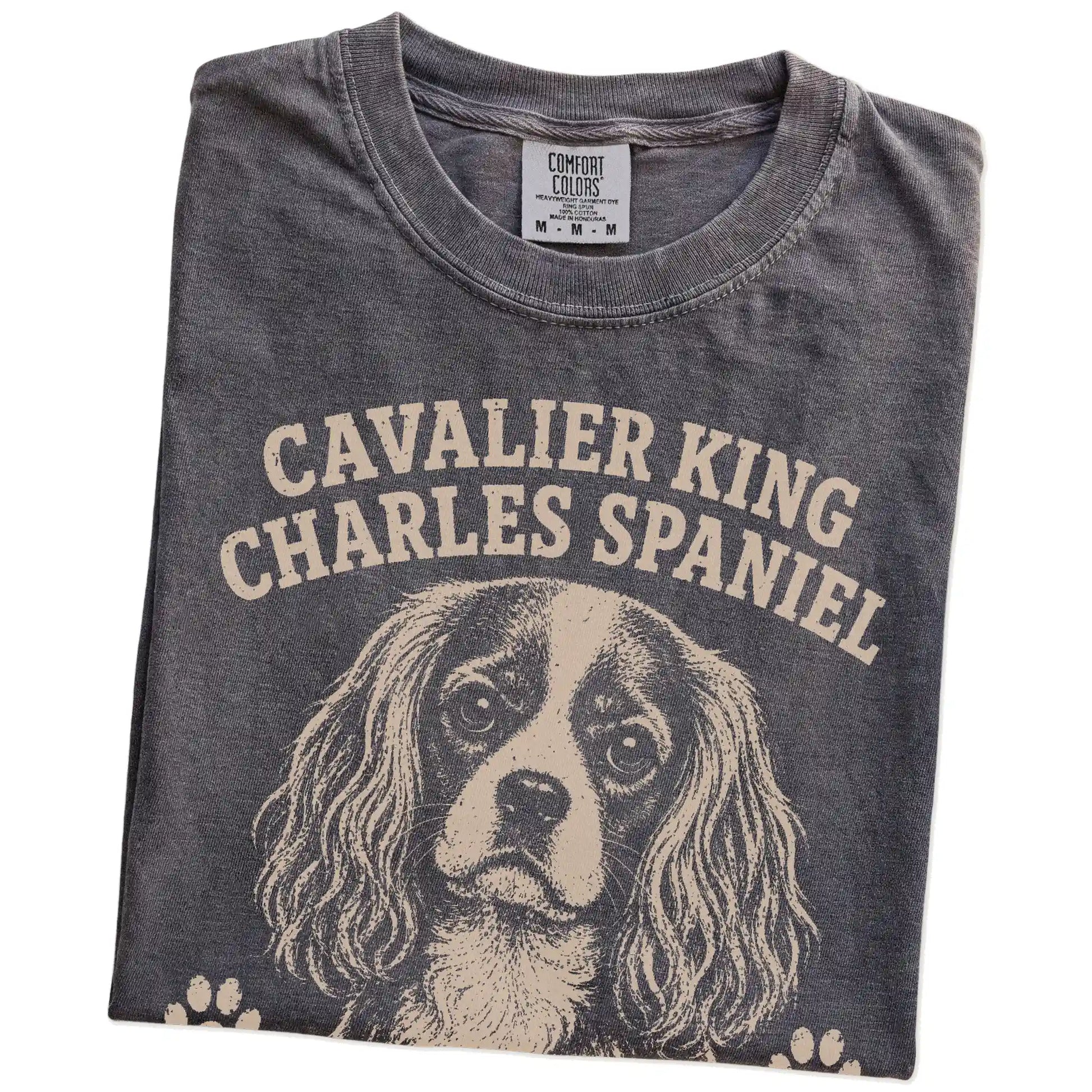 Folded Pepper Comfort Colors® T-shirt showing Cavalier King Charles Spaniel design with “Professionally Affectionate” letteri
