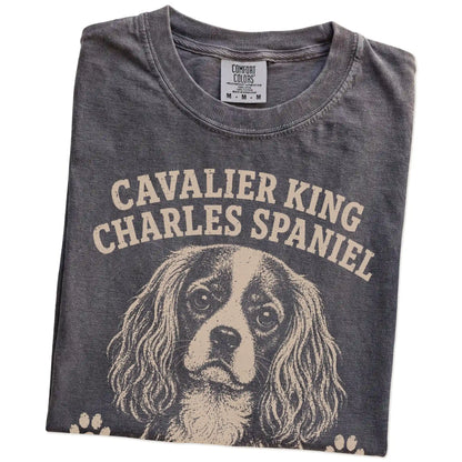 Folded Pepper Comfort Colors® T-shirt showing Cavalier King Charles Spaniel design with “Professionally Affectionate” letteri