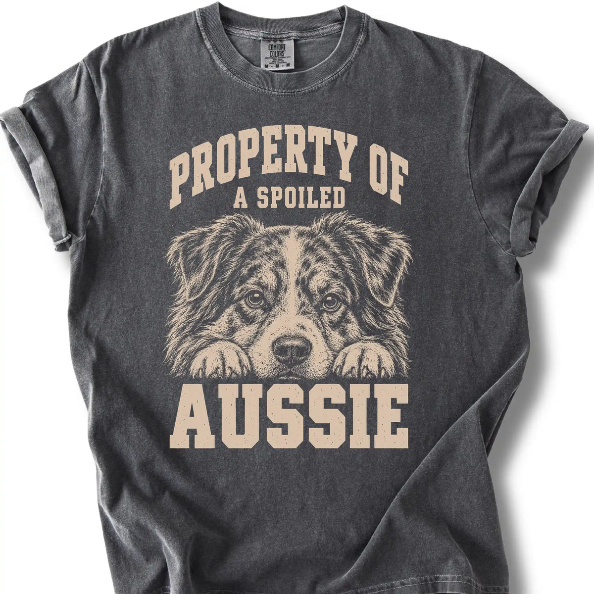 Pepper Australian Shepherd T-shirt with a dog portrait and “Property of a Spoiled” lettering.