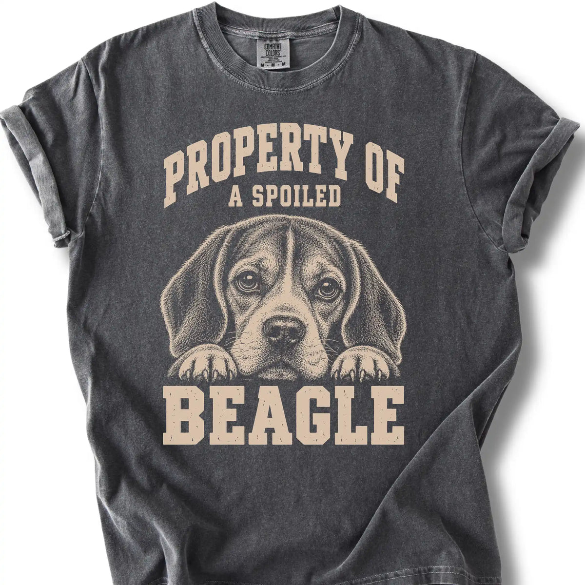 Pepper Beagle T-shirt with a dog portrait and “Property of a Spoiled” lettering.