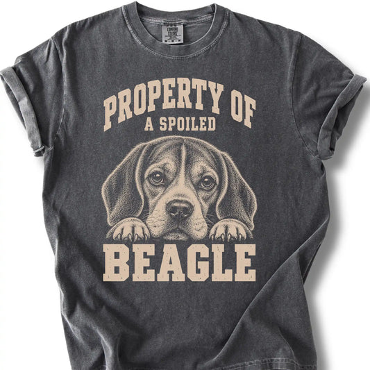 Pepper Beagle T-shirt with a dog portrait and “Property of a Spoiled” lettering.