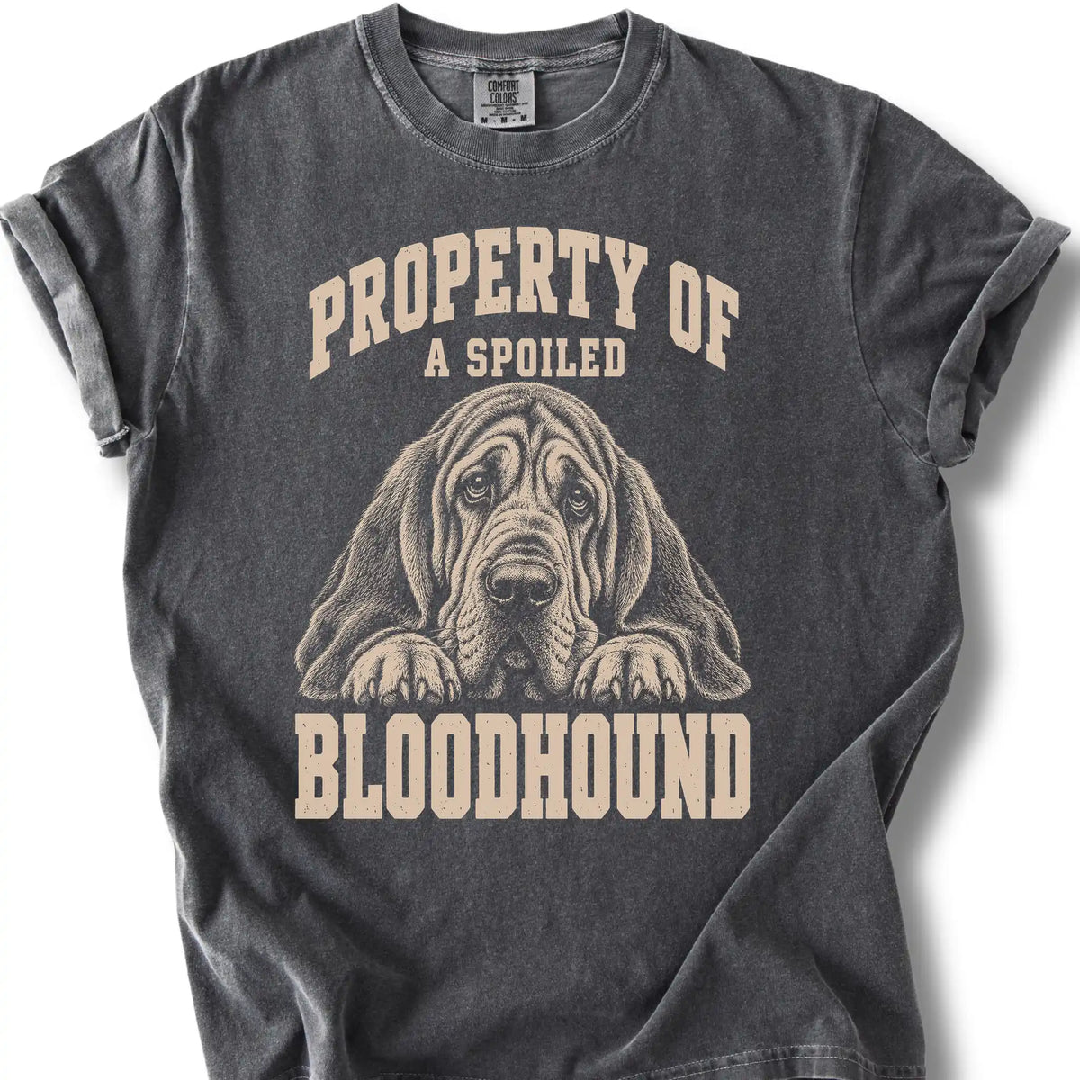 Pepper Bloodhound T-shirt with a dog portrait and “Property of a Spoiled” lettering.