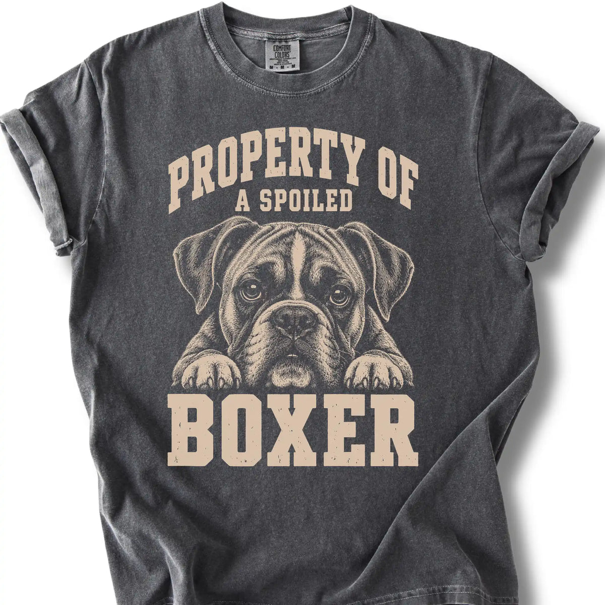 Pepper Boxer T-shirt with a dog portrait and “Property of a Spoiled” lettering.