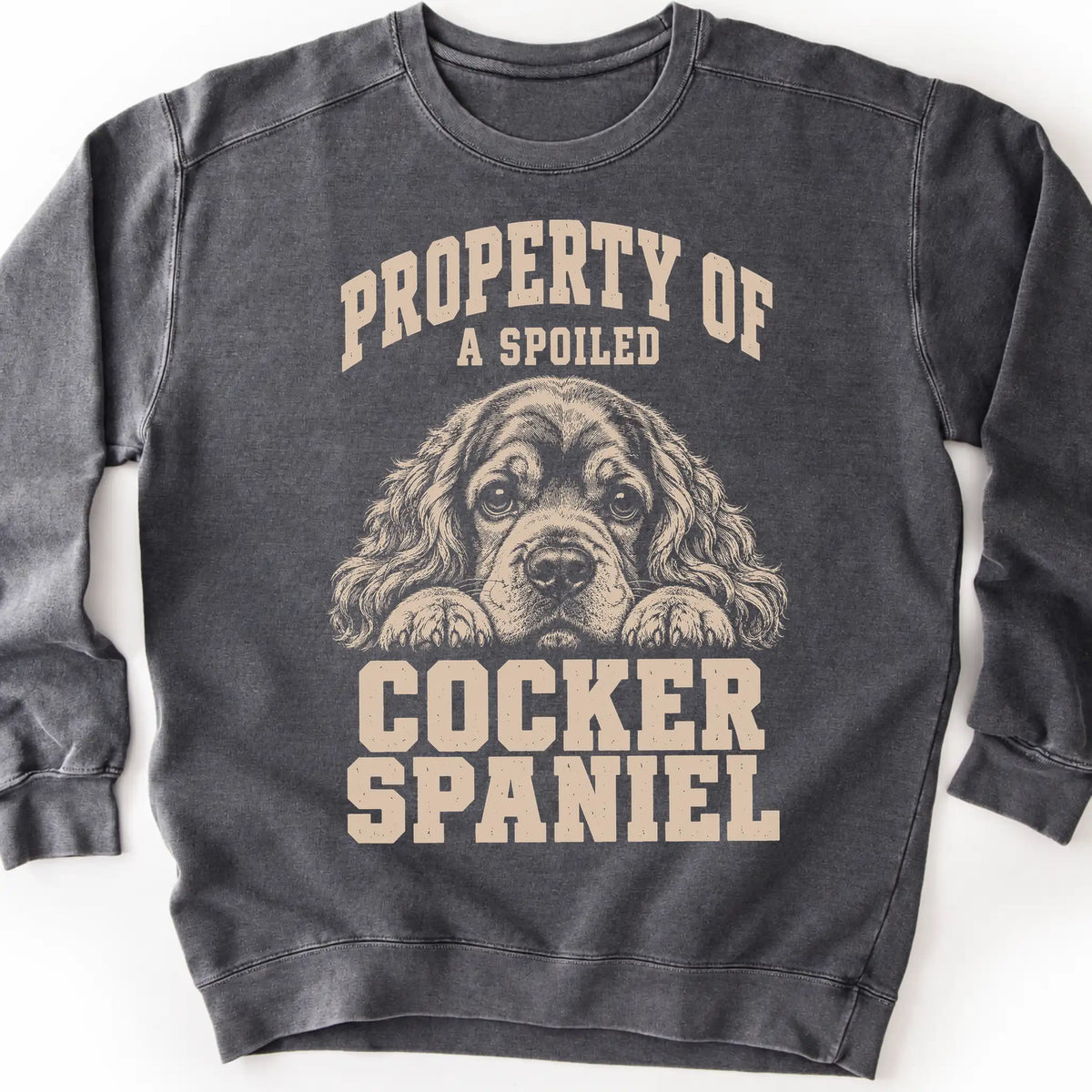 Pepper Cocker Spaniel sweatshirt with a dog portrait and “Property of a Spoiled” lettering.